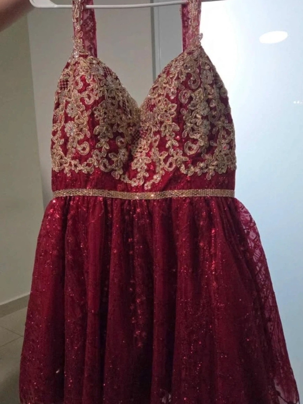 Dancing Queen Burgundy and Gold Sequin Lace Prom Dress